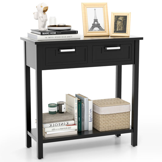 Narrow Console Table with Drawers and Open Storage Shelf, Black