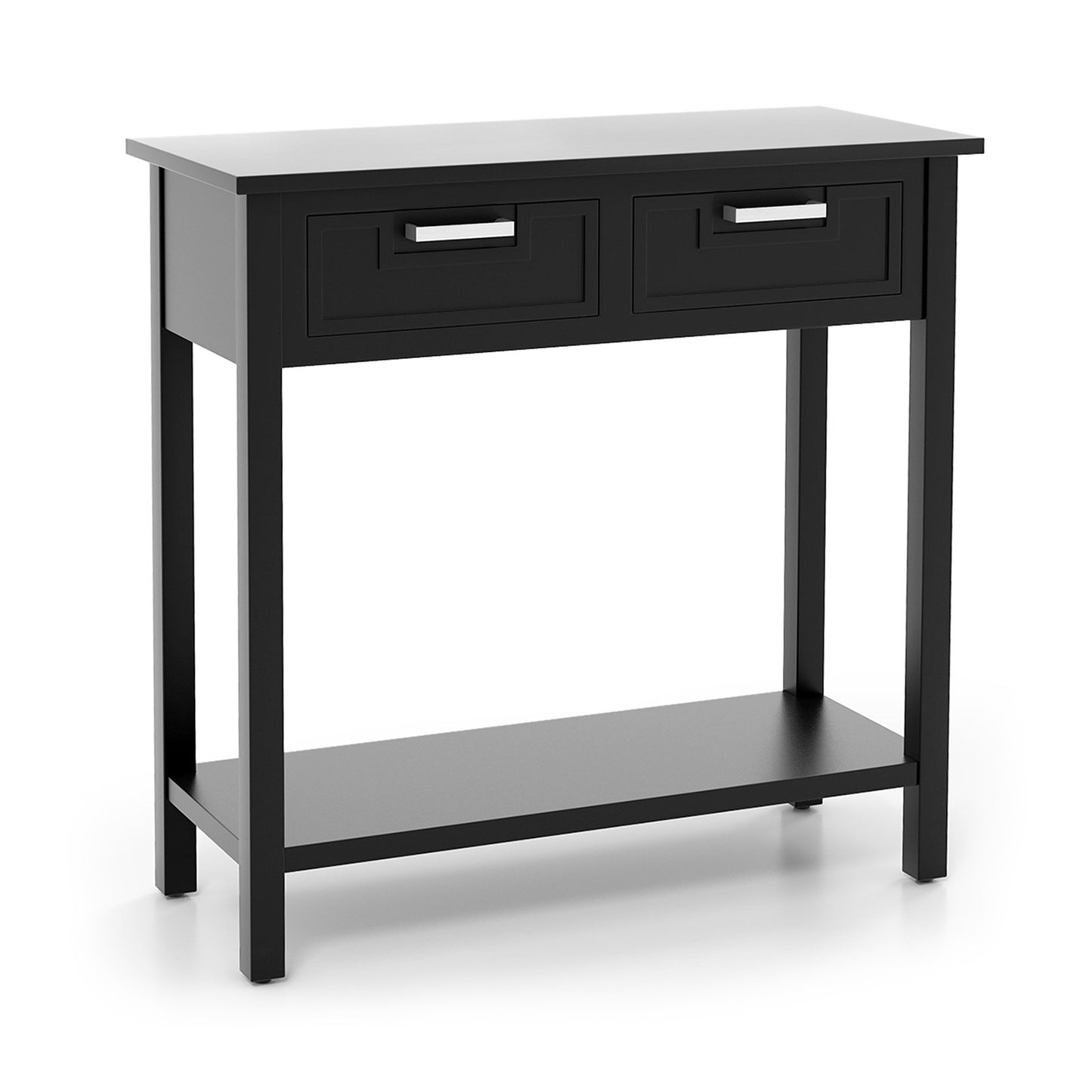 Narrow Console Table with Drawers and Open Storage Shelf, Black at Gallery Canada