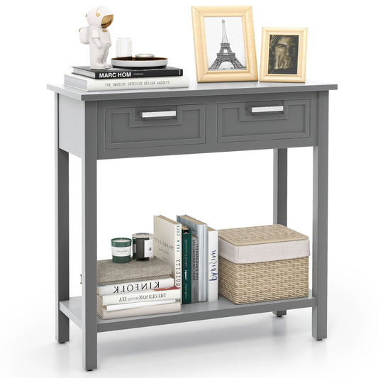 Narrow Console Table with Drawers and Open Storage Shelf, Gray