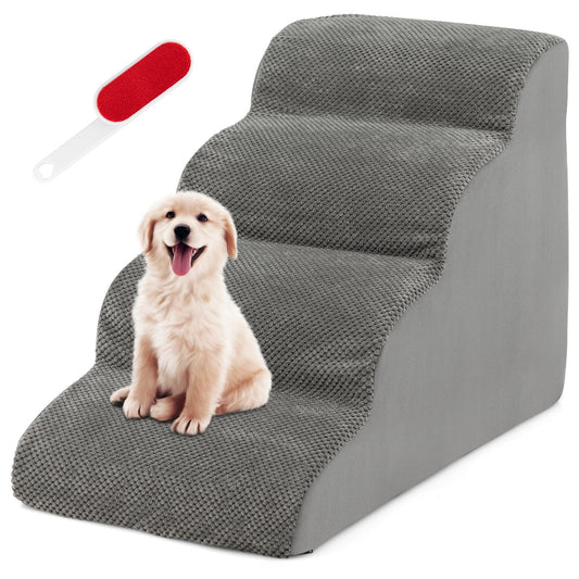 4-Tier Foam Non-Slip Dog Steps with Washable Zippered Cover, Gray