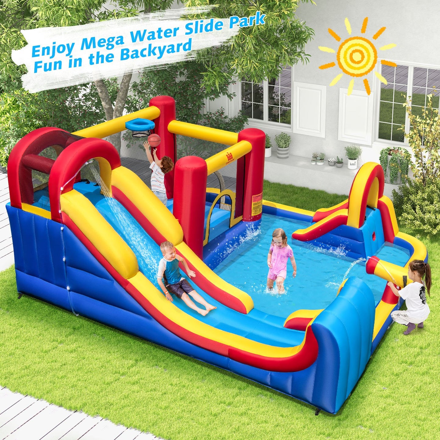 7 in 1 Outdoor Inflatable Bounce House with Water Slides and Splash Pools without Blower, Red