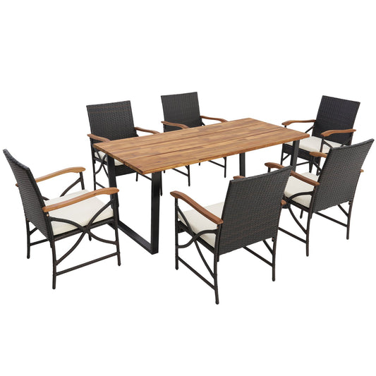 Acacia Wood Table and 6 Wicker Chairs with Umbrella Hole-X-side Handrail
