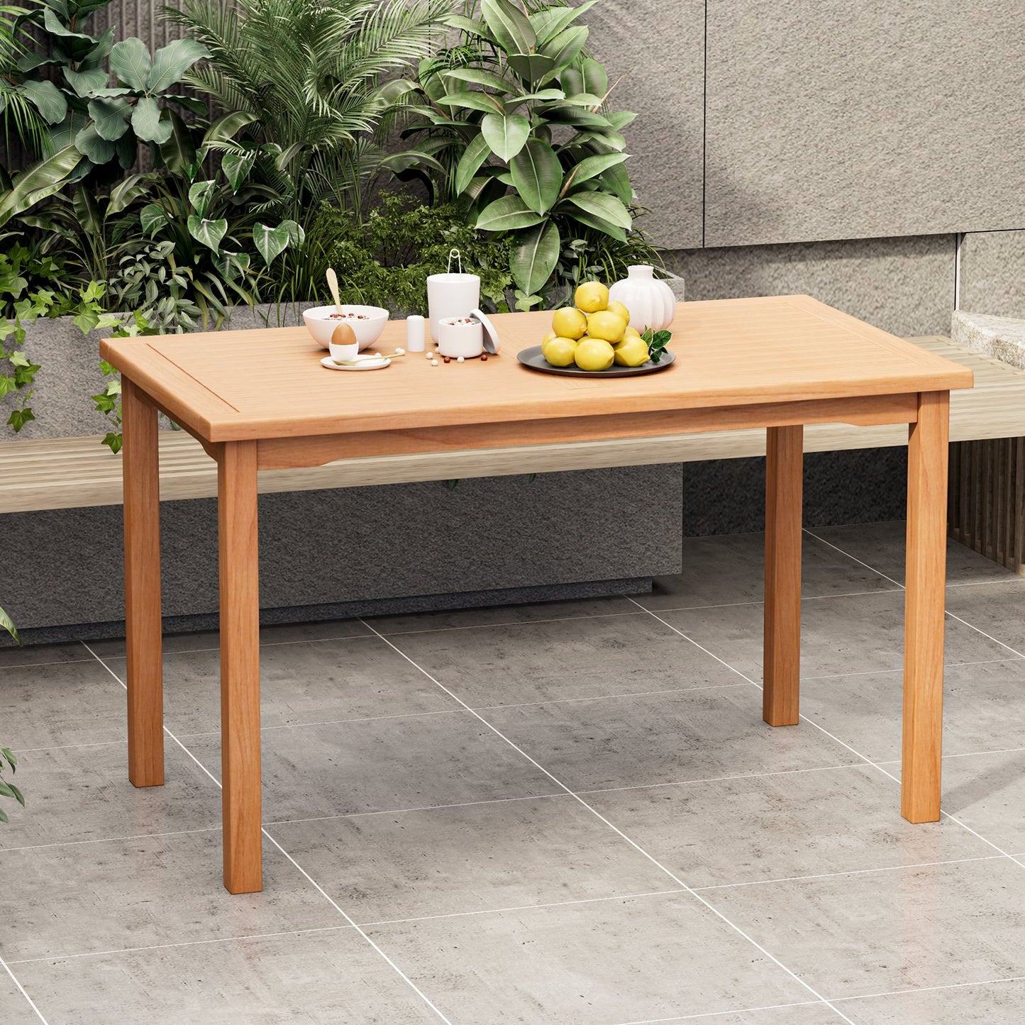 49 Inch Rectangle Patio Indonesia Teak Wood Dining Table with Slatted Tabletop Up to 6, Natural at Gallery Canada