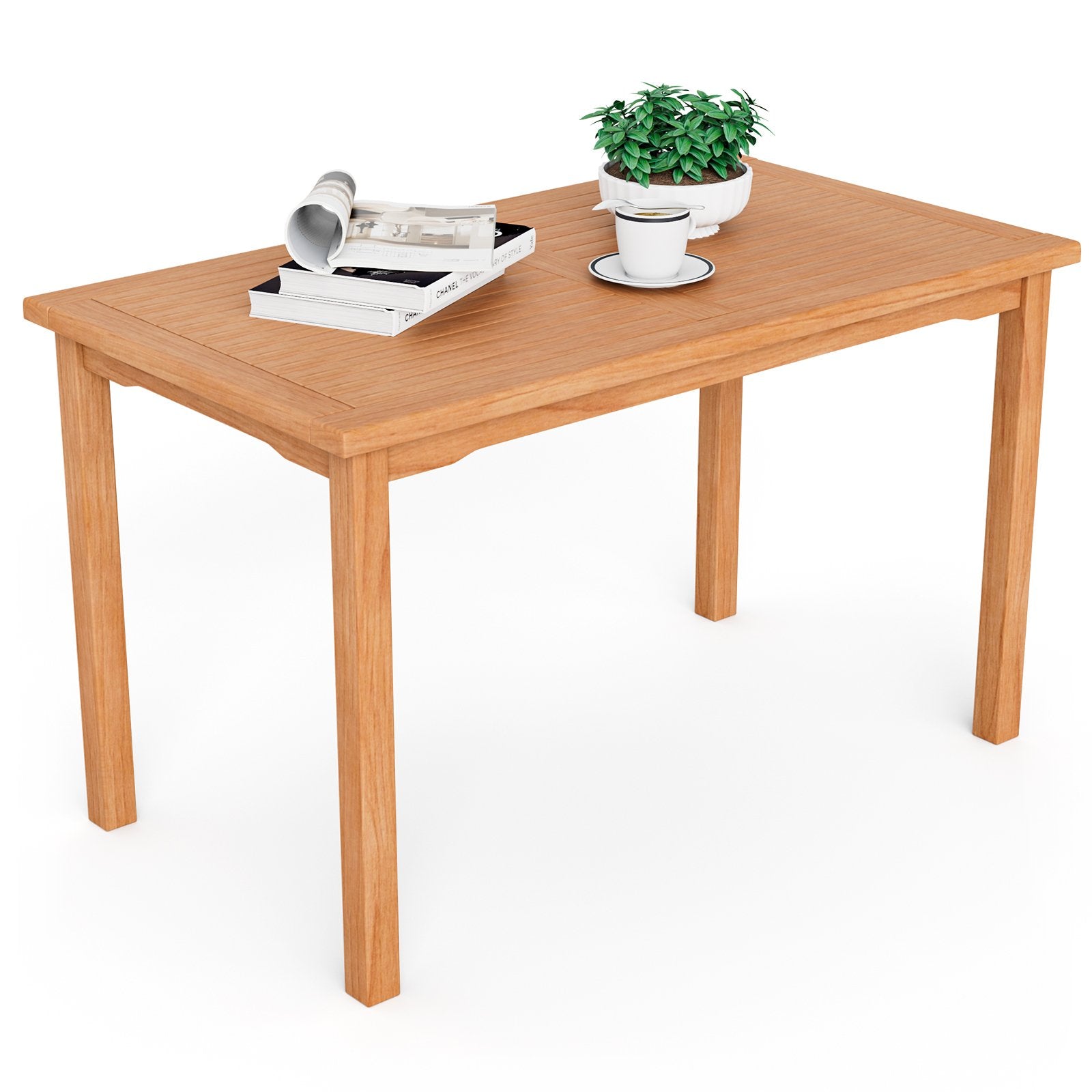 49 Inch Rectangle Patio Indonesia Teak Wood Dining Table with Slatted Tabletop Up to 6, Natural at Gallery Canada