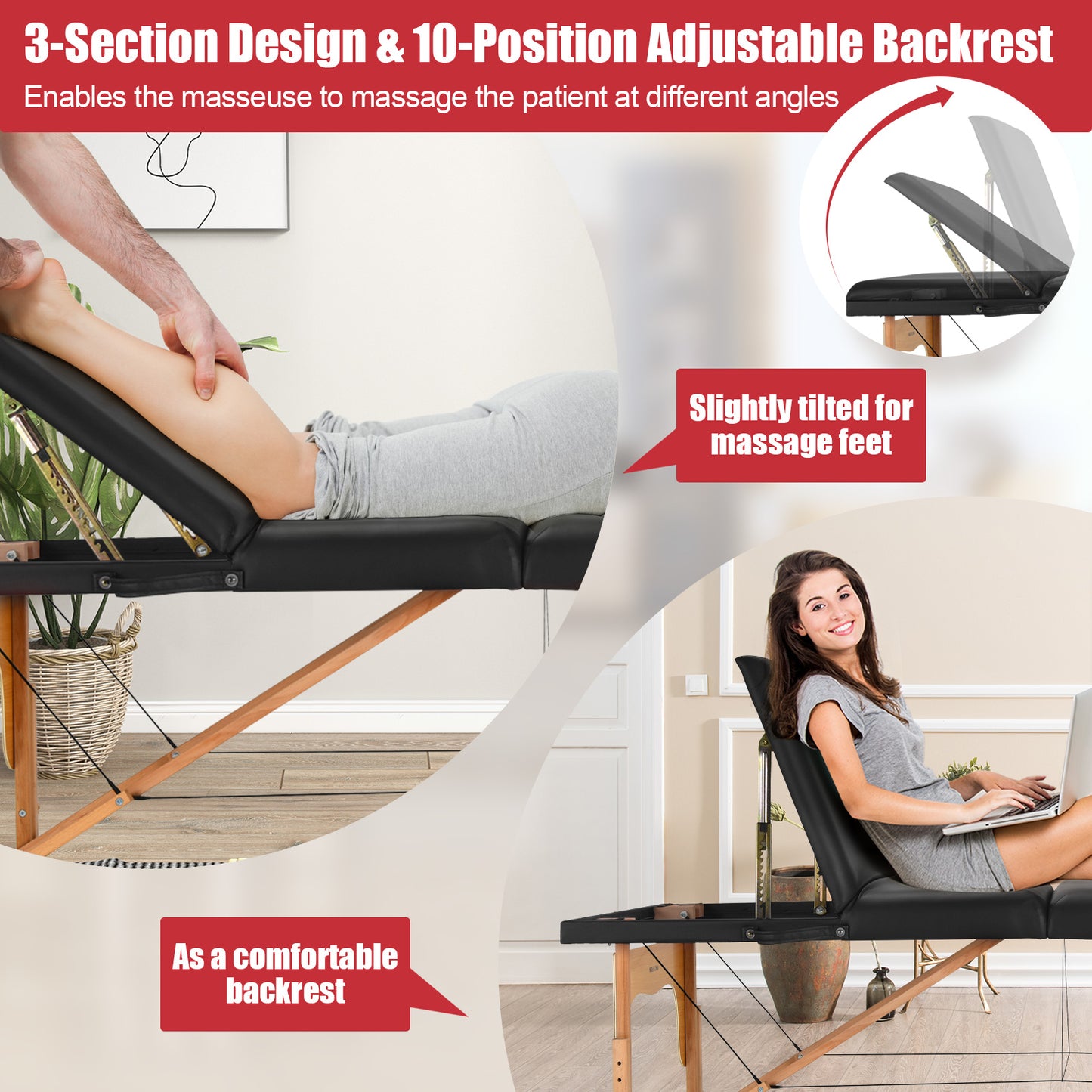 3 Fold Portable Adjustable Massage Table, Black Spa & Salon at Gallery Canada