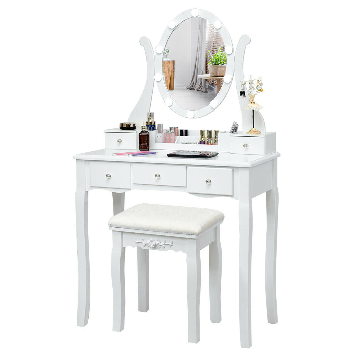 10 Dimmable Lights Vanity Table Set, Lighted Mirror, Cushioned Stool, White Makeup Vanities at Gallery Canada