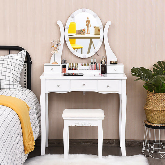 10 Dimmable Lights Vanity Table Set, Lighted Mirror, Cushioned Stool, White Makeup Vanities White at Gallery Canada
