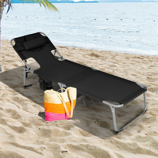Folding Beach Lounge Chair with Pillow for Outdoor, Black Outdoor Chaise Lounges Black at Gallery Canada