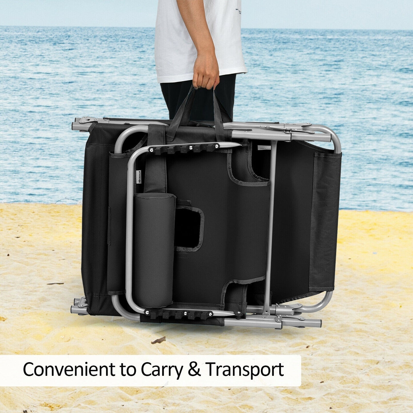 Folding Beach Lounge Chair With Pillow, Black Outdoor Chaise Lounges at Gallery Canada