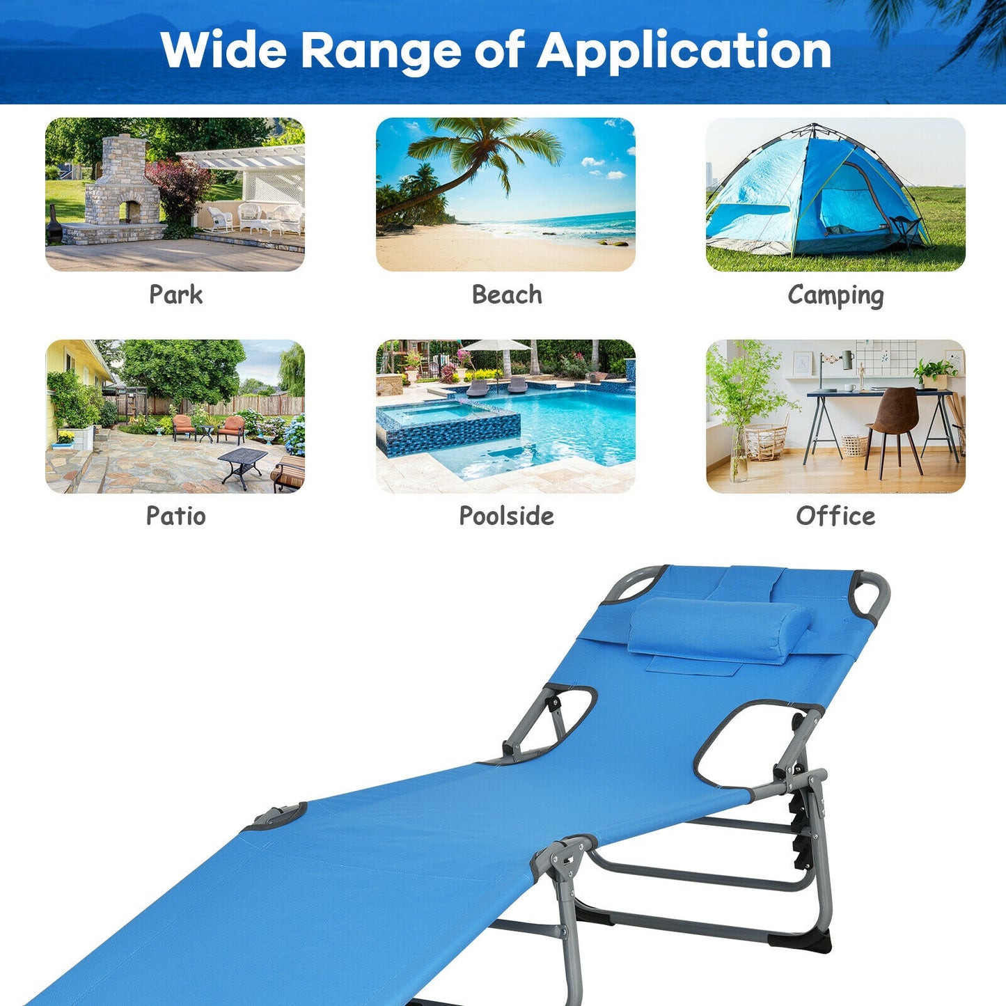 Folding Beach Lounge Chair With Pillow, Blue Outdoor Chaise Lounges at Gallery Canada