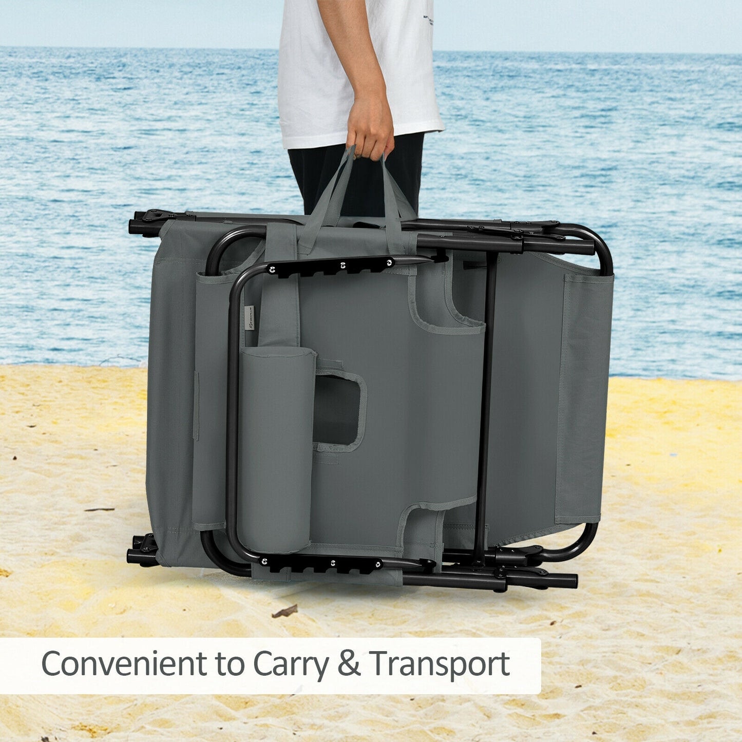 Folding Beach Lounge Chair with Pillow for Outdoor, Gray Outdoor Chaise Lounges at Gallery Canada