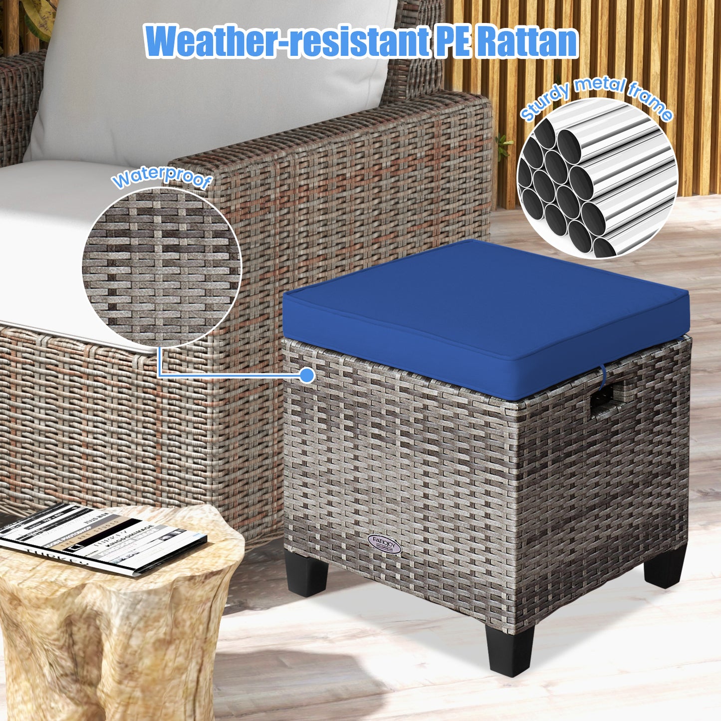 Patio Rattan Ottoman Seat, Removable Cushions, Navy Outdoor Seating & Patio Chairs at Gallery Canada