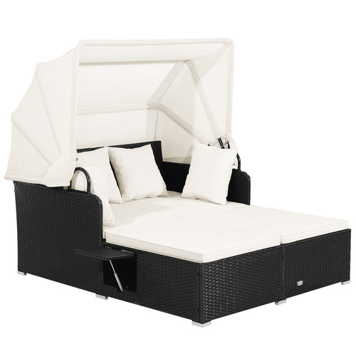 Patio Rattan Daybed with Retractable Canopy and Side Tables, Off White