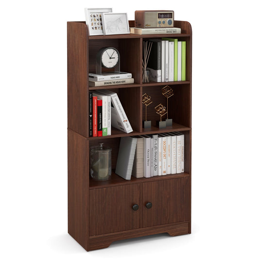 4 Tiers Bookshelf with 4 Cubes Display Shelf and 2 Doors, Brown