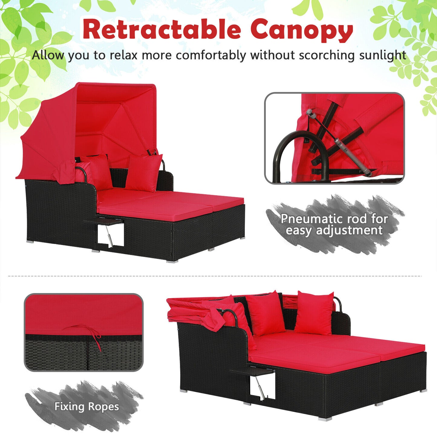 Patio Rattan Daybed with Retractable Canopy and Side Tables, Red Outdoor Sectionals at Gallery Canada