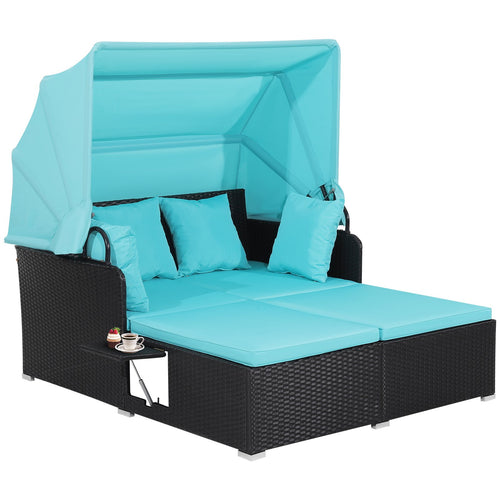 Patio Rattan Daybed with Retractable Canopy and Side Tables, Turquoise
