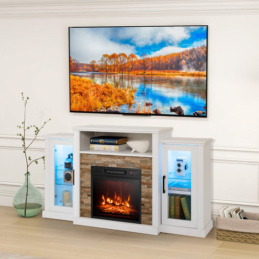 Fireplace TV Stand, 65 Inch, 16-Color LED Lights, White Entertainment Centers & TV Stands White at Gallery Canada