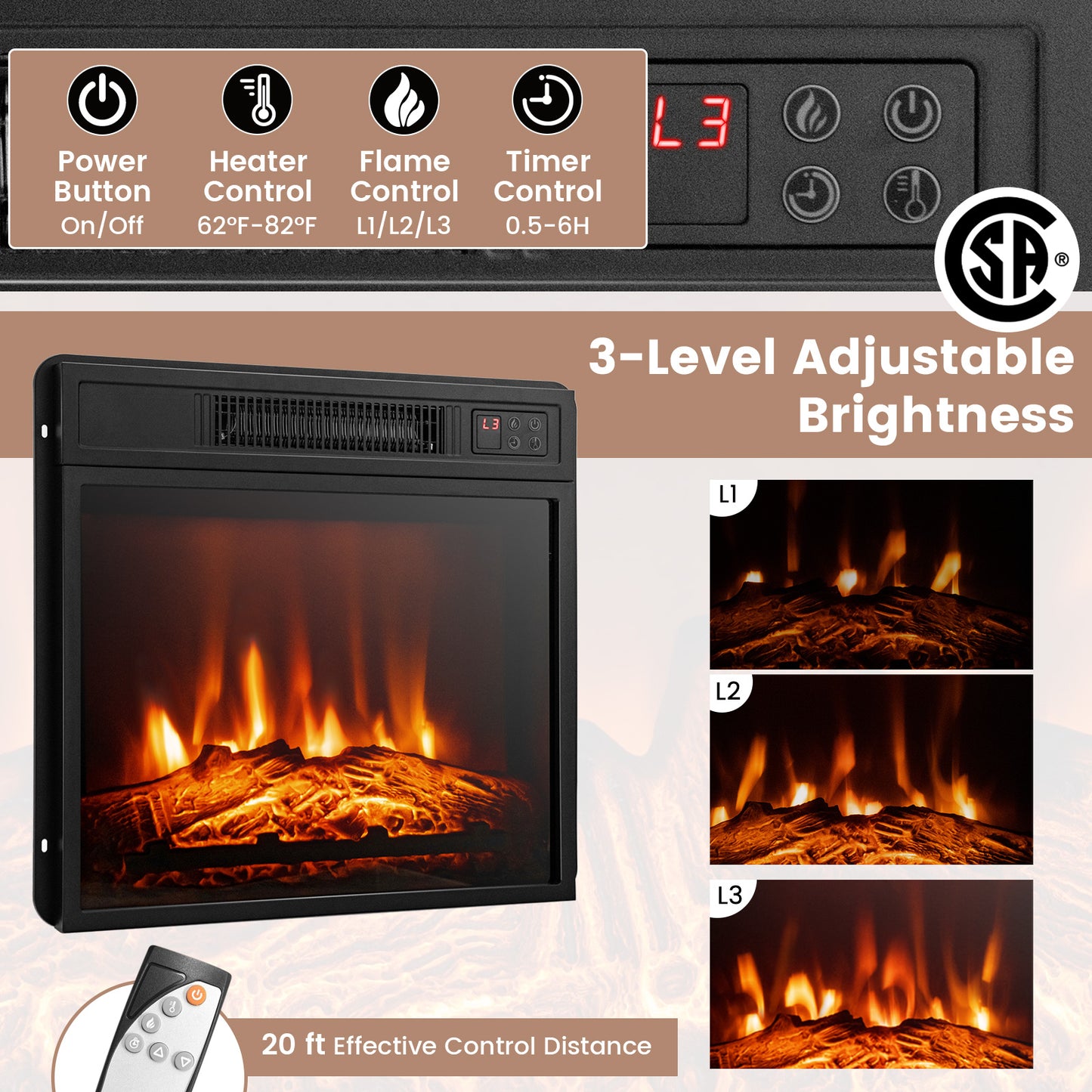 Fireplace TV Stand With 16-Color LED Lights, For TVs Up To 65 Inch, Dark Brown Entertainment Centers & TV Stands at Gallery Canada