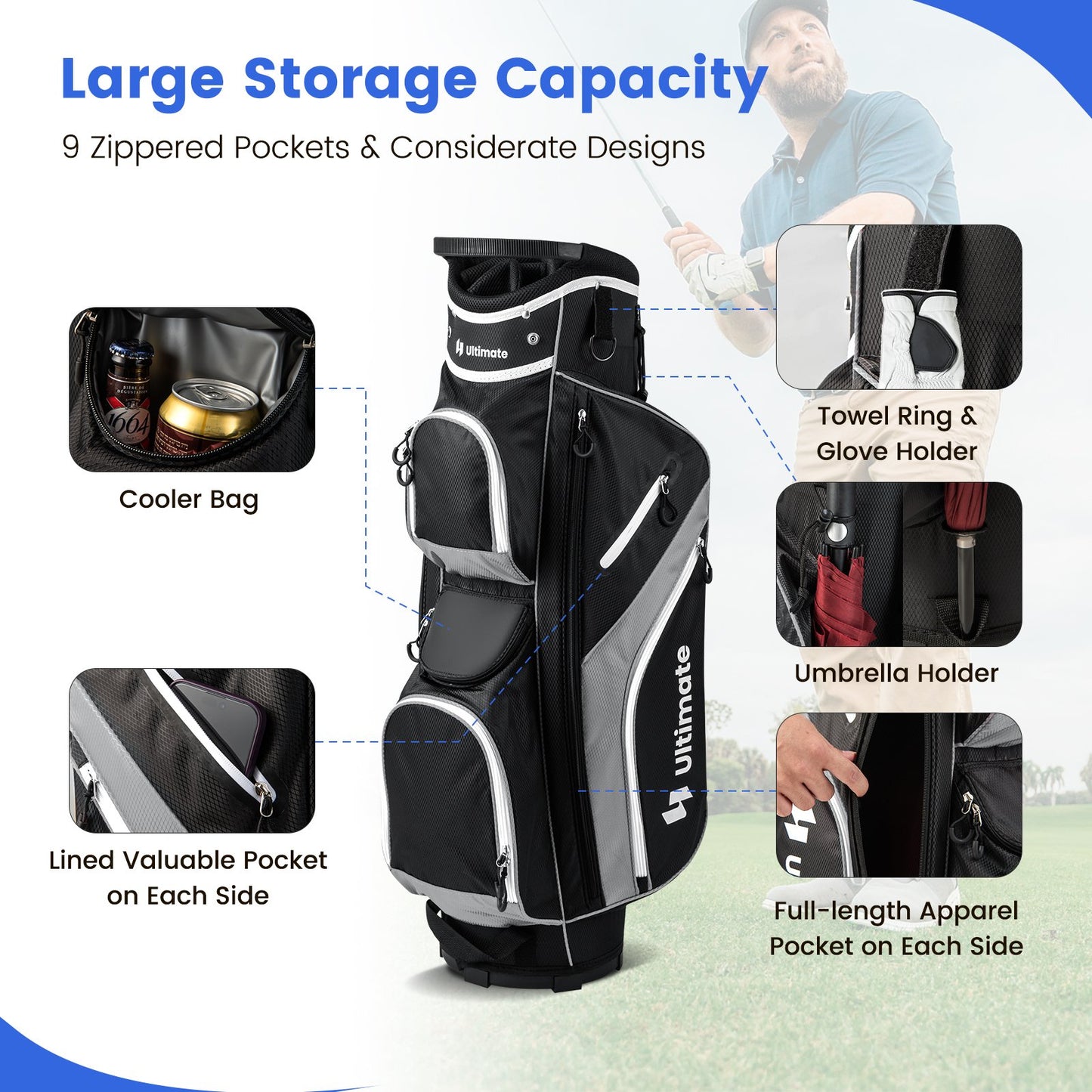 Golf Cart Bag with 14 Way Top Dividers, Gray