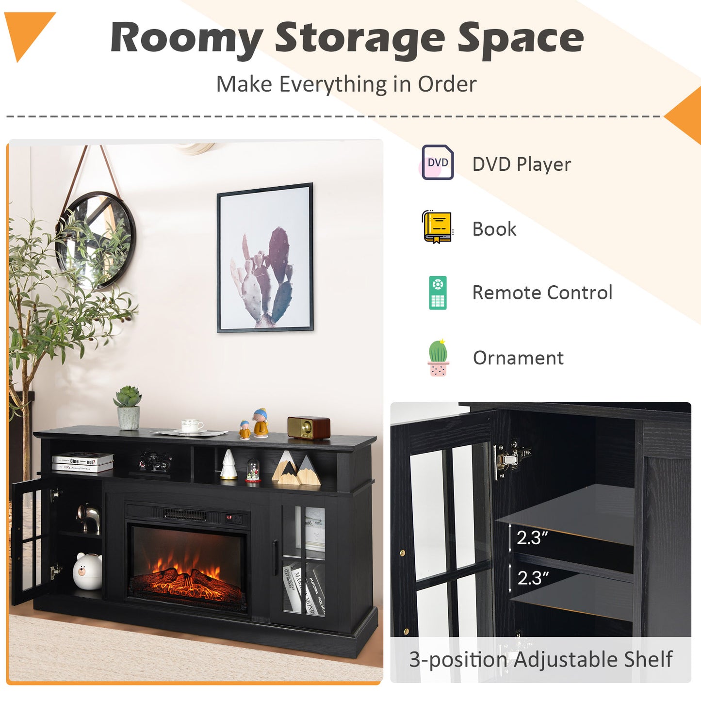 Fireplace TV Stand, 1400W Electric Fireplace, Black Entertainment Centers & TV Stands at Gallery Canada