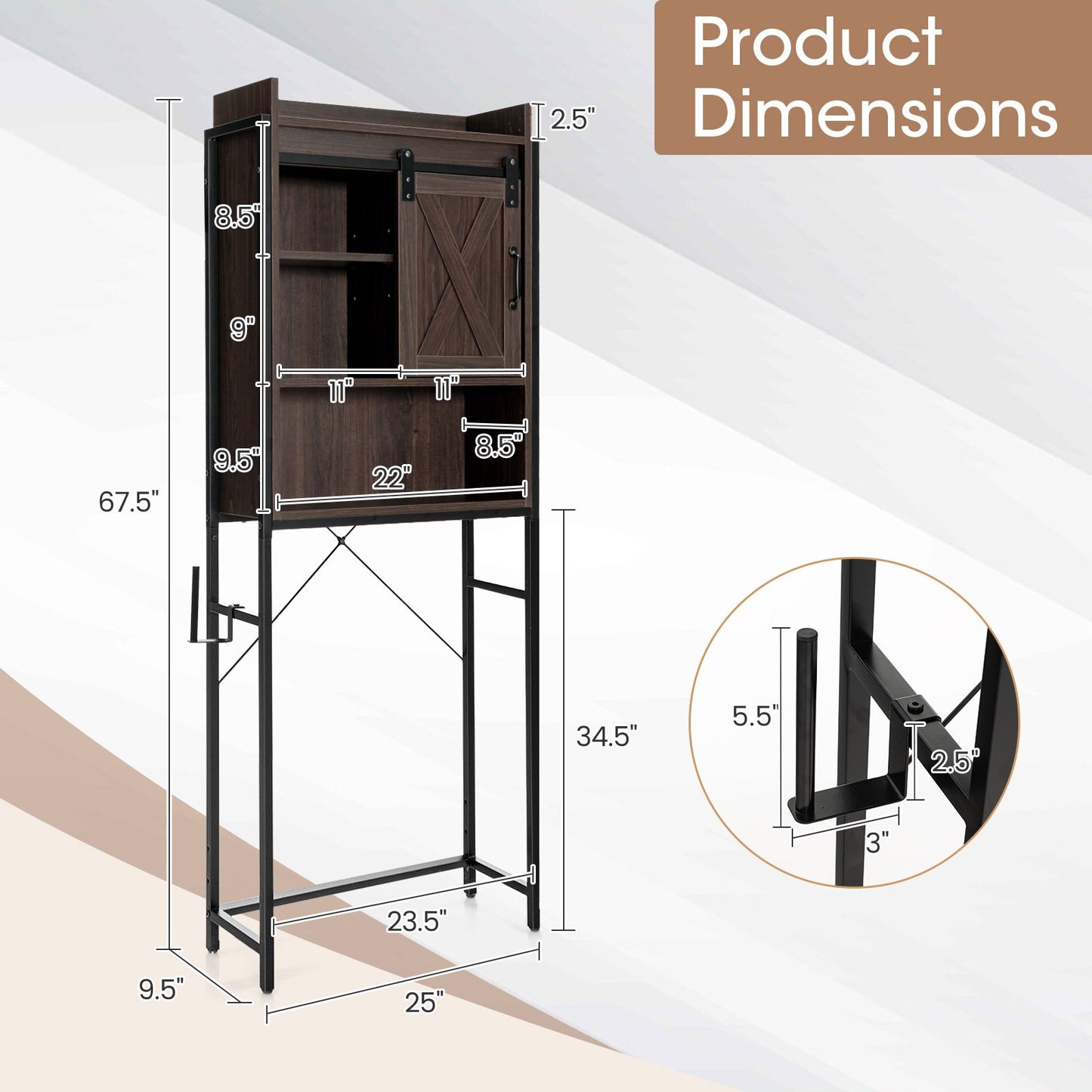 4-Tier Multifunctional Toilet Sorage Cabinet with Adjustable Shelf and Sliding Barn Door, Brown