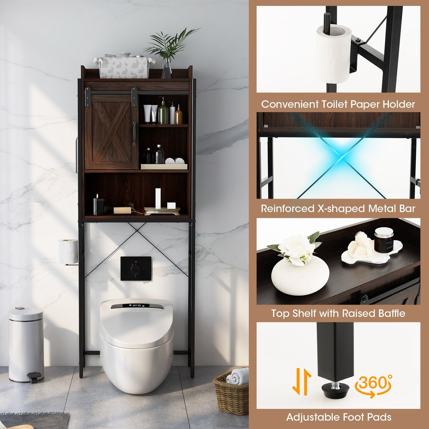 4-Tier Multifunctional Toilet Sorage Cabinet with Adjustable Shelf and Sliding Barn Door, Brown