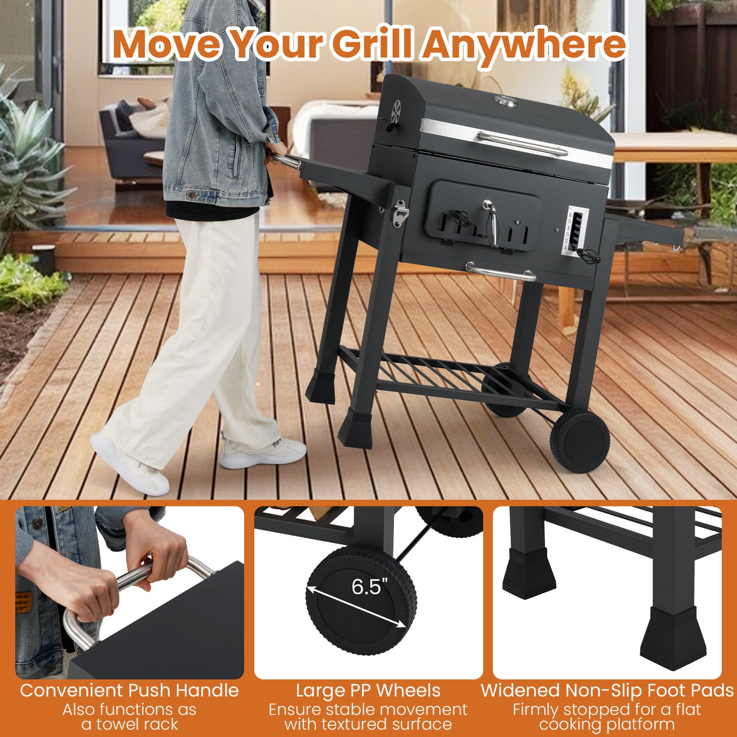 24-Inch Barrel Charcoal Grill with 2 Folding Side Tables and 544 sq.in Cooking Area, Black Outdoor Grills at Gallery Canada