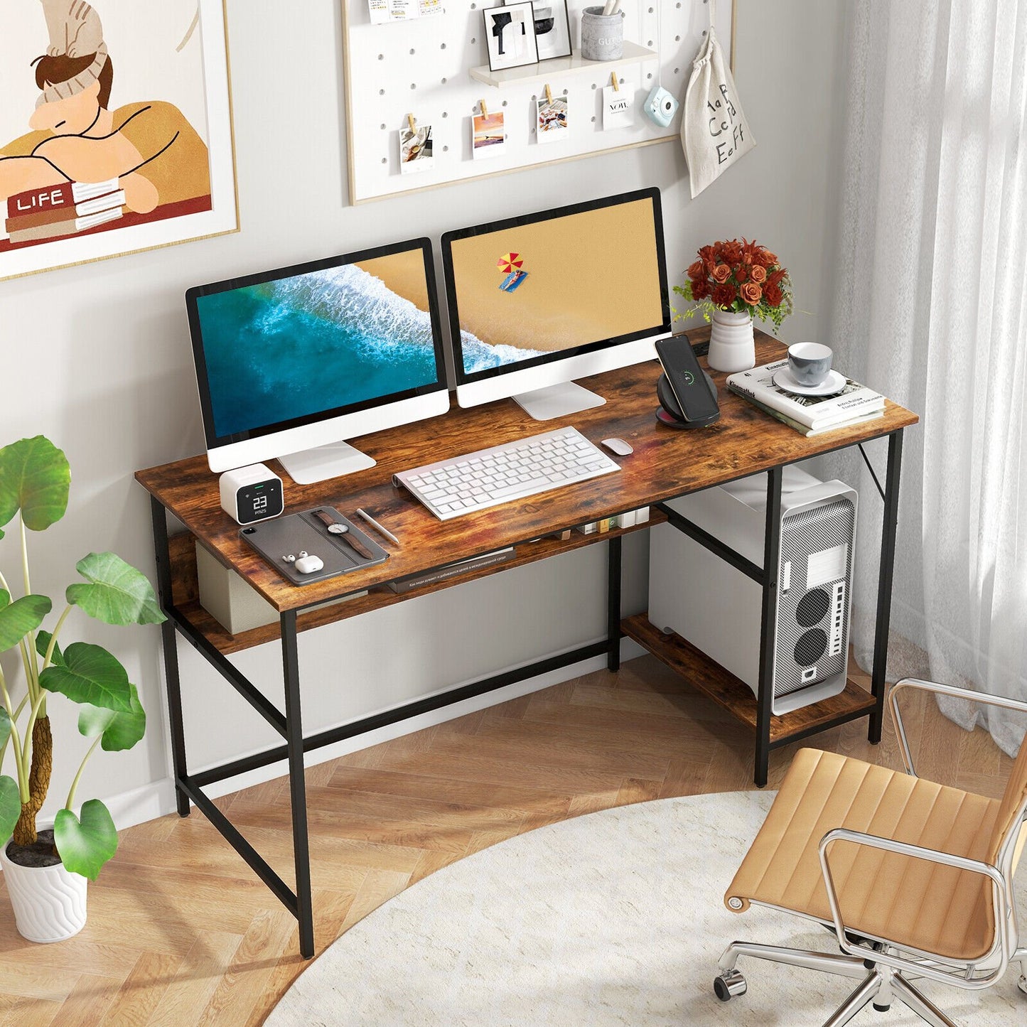 55 Inches Computer Desk with Charging Station, Brown