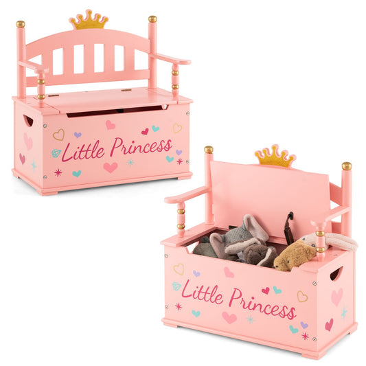 2-In-1 Kids Princess Wooden Toy Box with Safe Hinged Lid, Pink