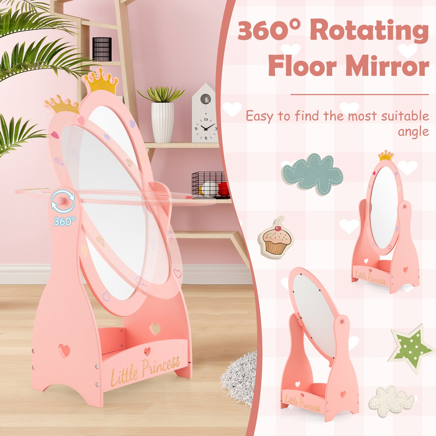 Kids Full Length Mirror with 360 Degree Rotatable Design and Shelf, Pink Kids Vanities at Gallery Canada