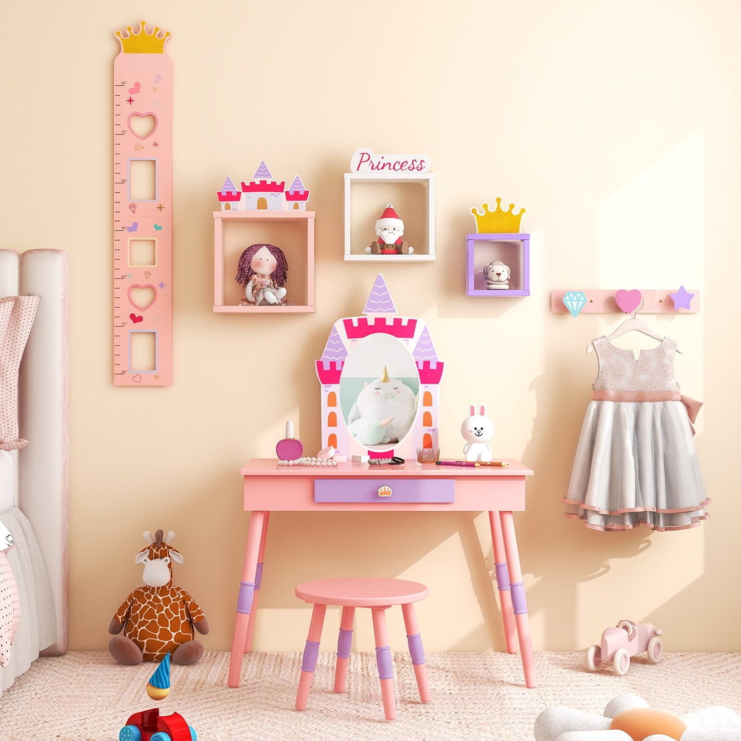 Kids Princess Vanity Table and Stool Set with Drawer and Mirror, Pink