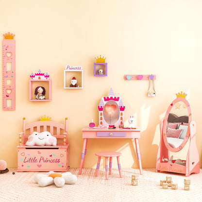 Kids Princess Vanity Table and Stool Set with Drawer and Mirror, Pink