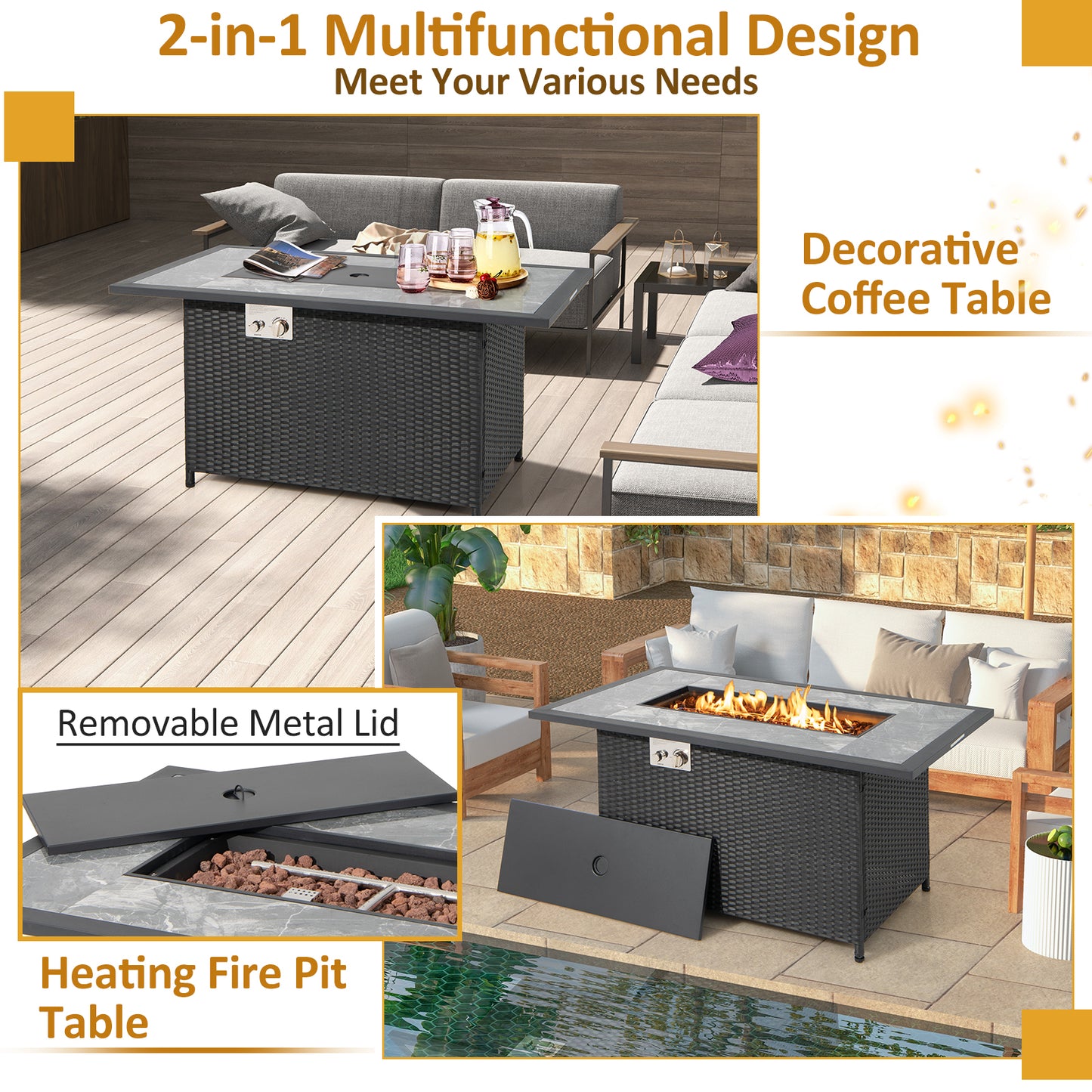 52 Inch Rattan Fire Pit Table With Rain Cover, Lava Rock, Black Fire Pit Tables at Gallery Canada