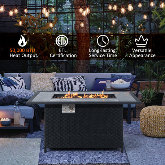 52 Inch Rattan Wicker Propane Fire Pit Table with Rain Cover and Lava Rock, Black Fire Pit Tables Black at Gallery Canada