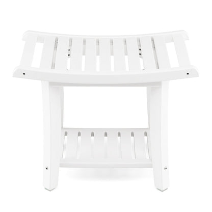 Heavy Duty Waterproof Bath Stool with Curved Seat and Storage Shelf, Off White