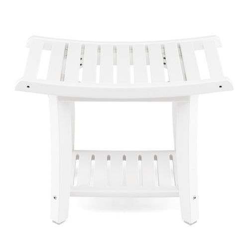 Heavy Duty Waterproof Bath Stool with Curved Seat and Storage Shelf, Off White