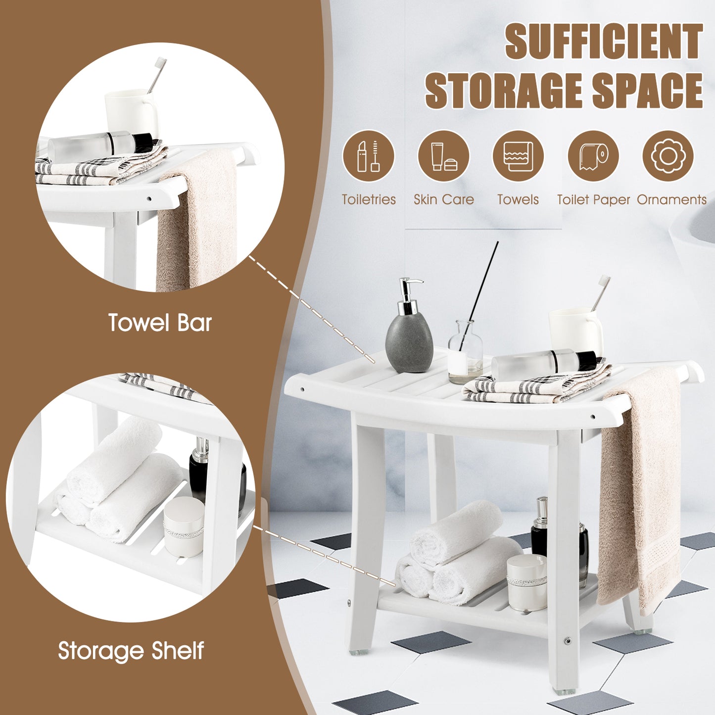 Heavy Duty Waterproof Bath Stool with Curved Seat and Storage Shelf, Off White Bath Safety at Gallery Canada