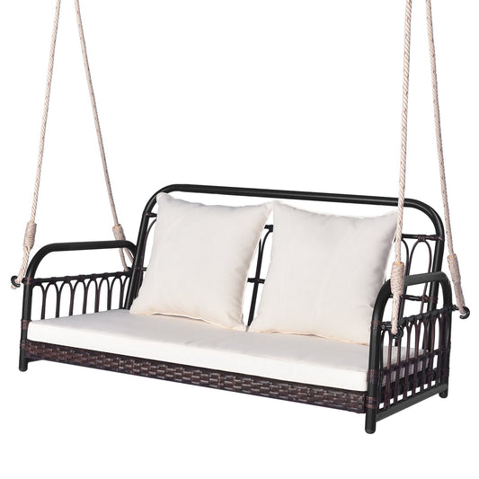 880LBS Wicker Hanging Porch Swing with Cushions, White