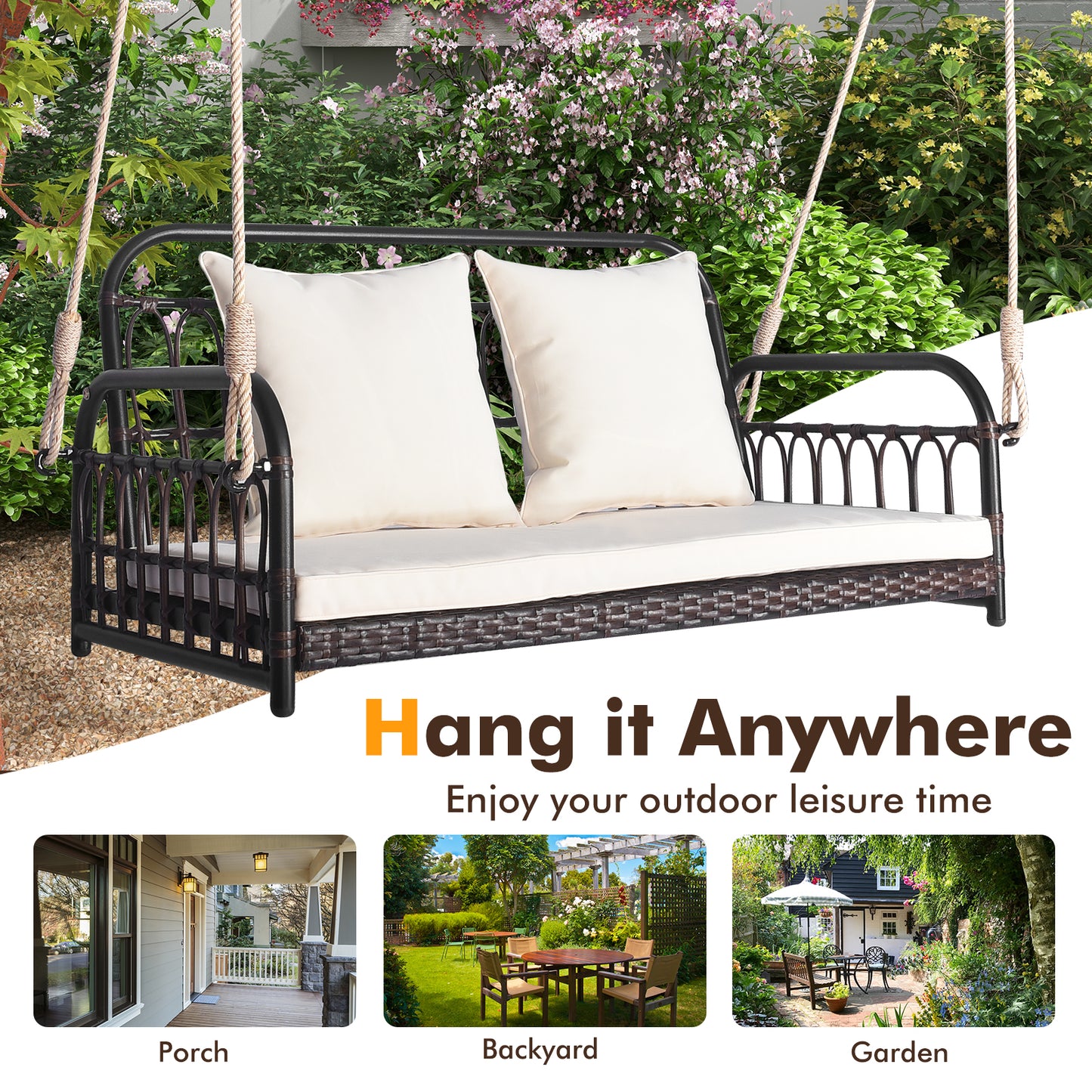 880LBS Wicker Hanging Porch Swing with Cushions, White Porch Swings at Gallery Canada