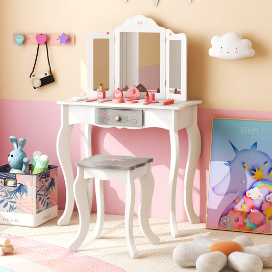Kids Vanity Set, Tri-Folding Mirror, White Kids Vanities White at Gallery Canada