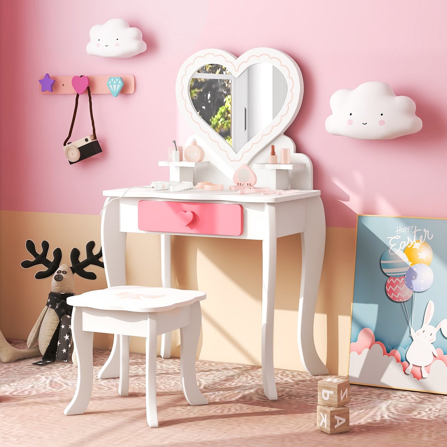 Kids Vanity Set with Heart-shaped Mirror, White