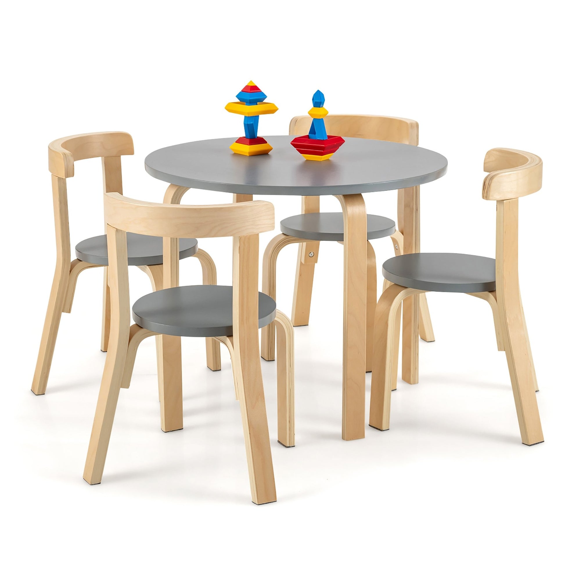 5-Piece Kids Wooden Curved Back Activity Table and Chair Set with Toy Bricks, Gray at Gallery Canada