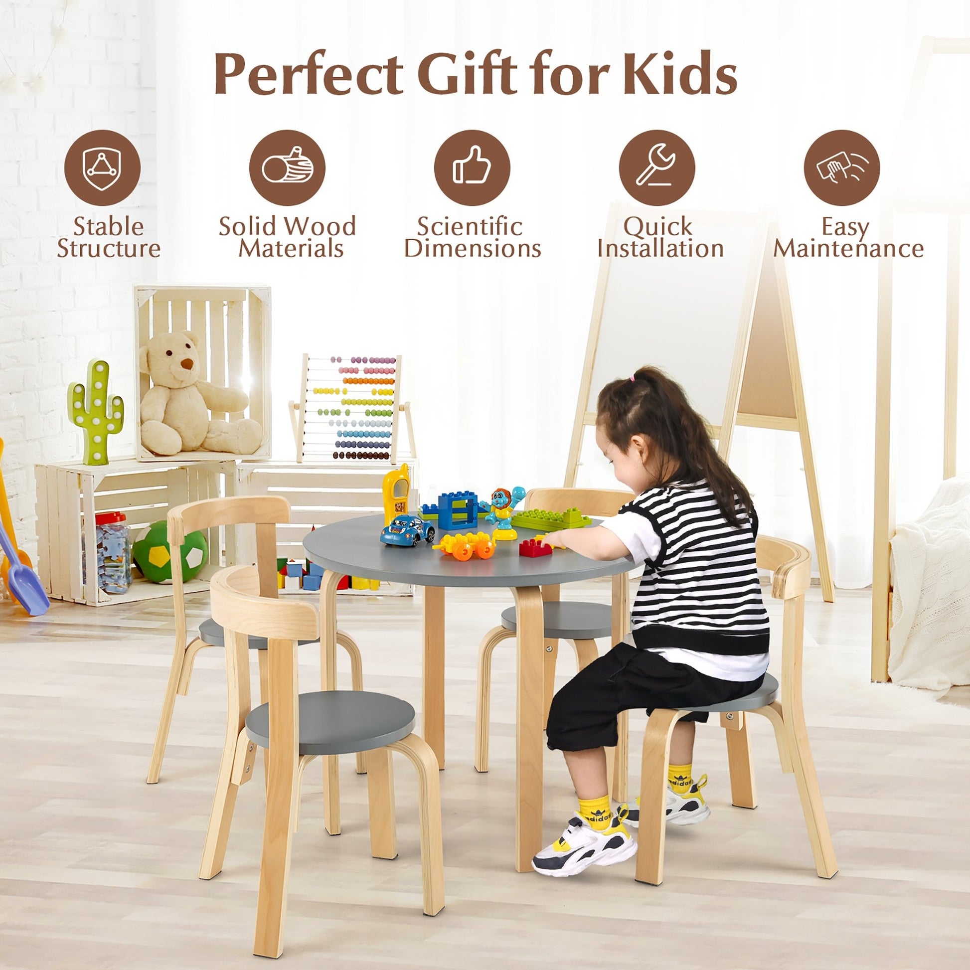 5-Piece Kids Wooden Curved Back Activity Table and Chair Set with Toy Bricks, Gray at Gallery Canada