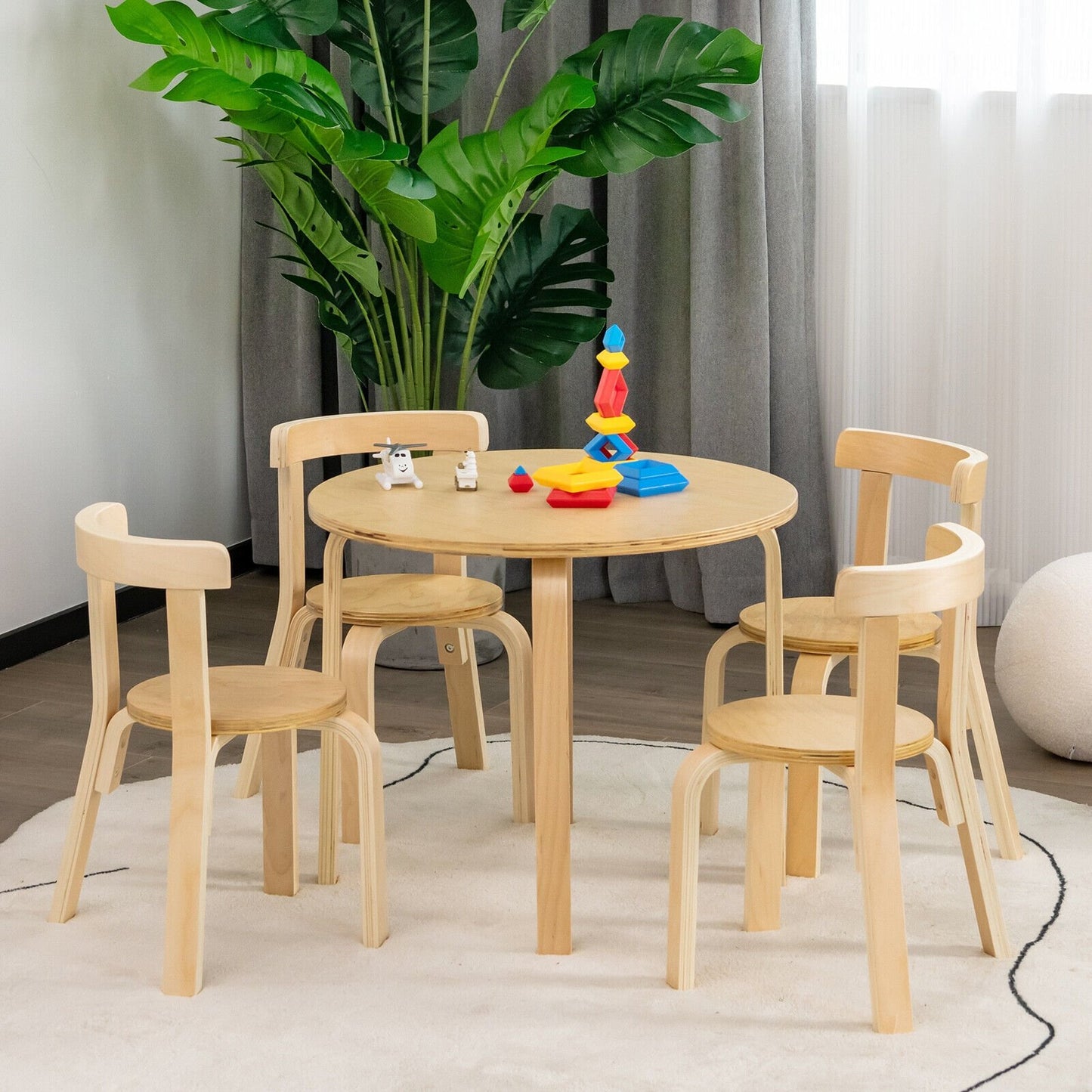 5-Piece Kids Wooden Curved Back Activity Table and Chair Set with Toy Bricks, Natural