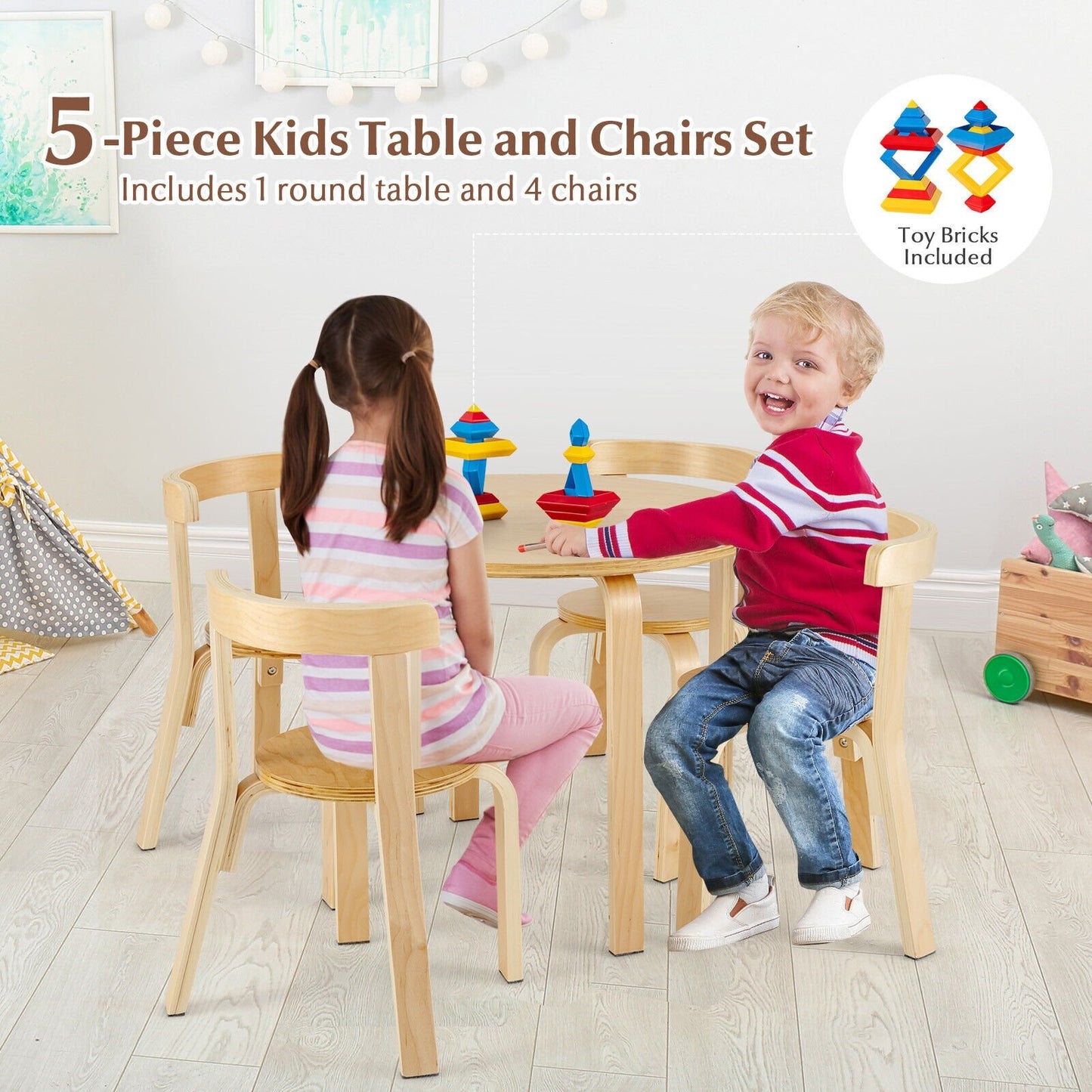 5-Piece Kids Wooden Curved Back Activity Table and Chair Set with Toy Bricks, Natural