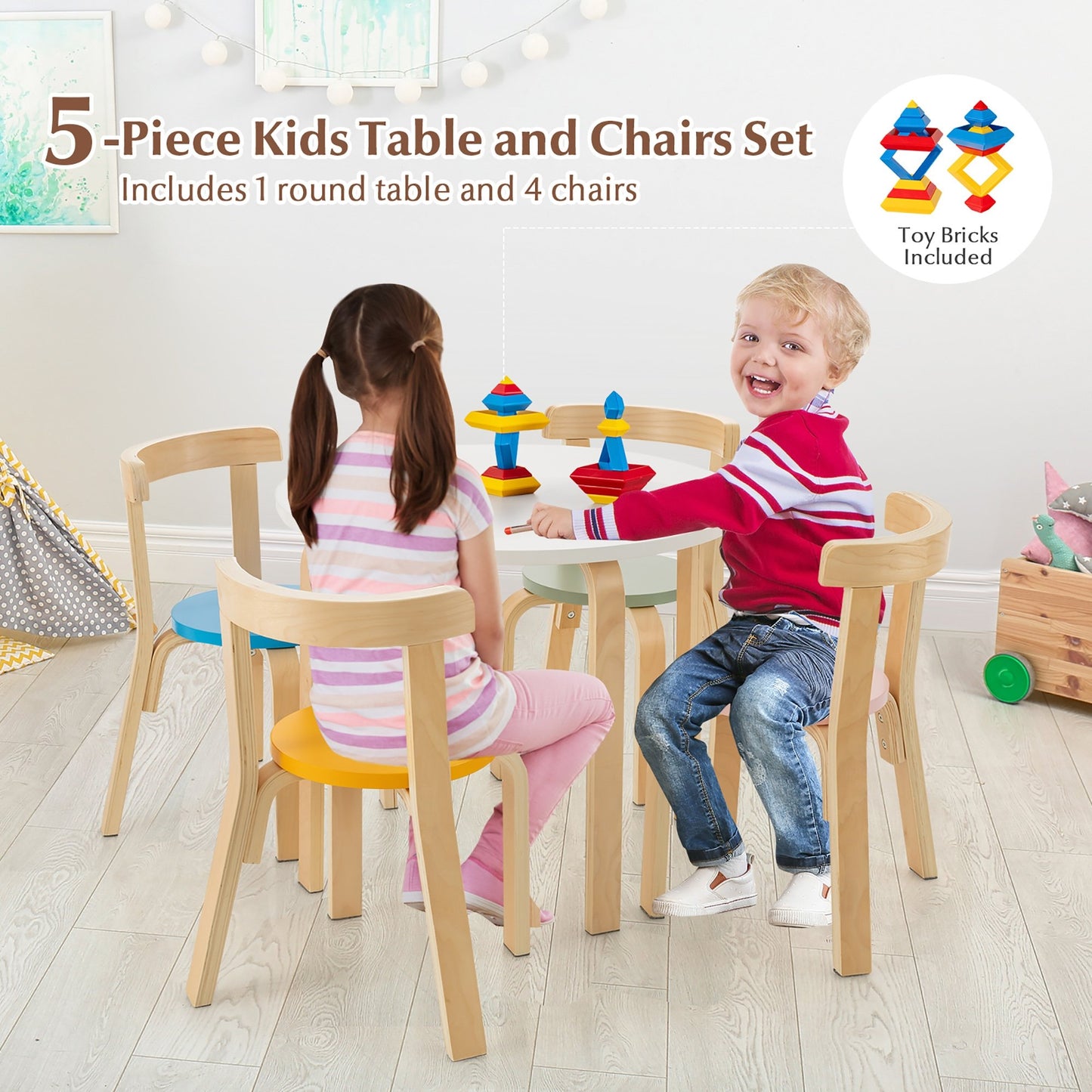 5-Piece Kids Wooden Curved Back Activity Table and Chair Set withToy Bricks, Multicolor