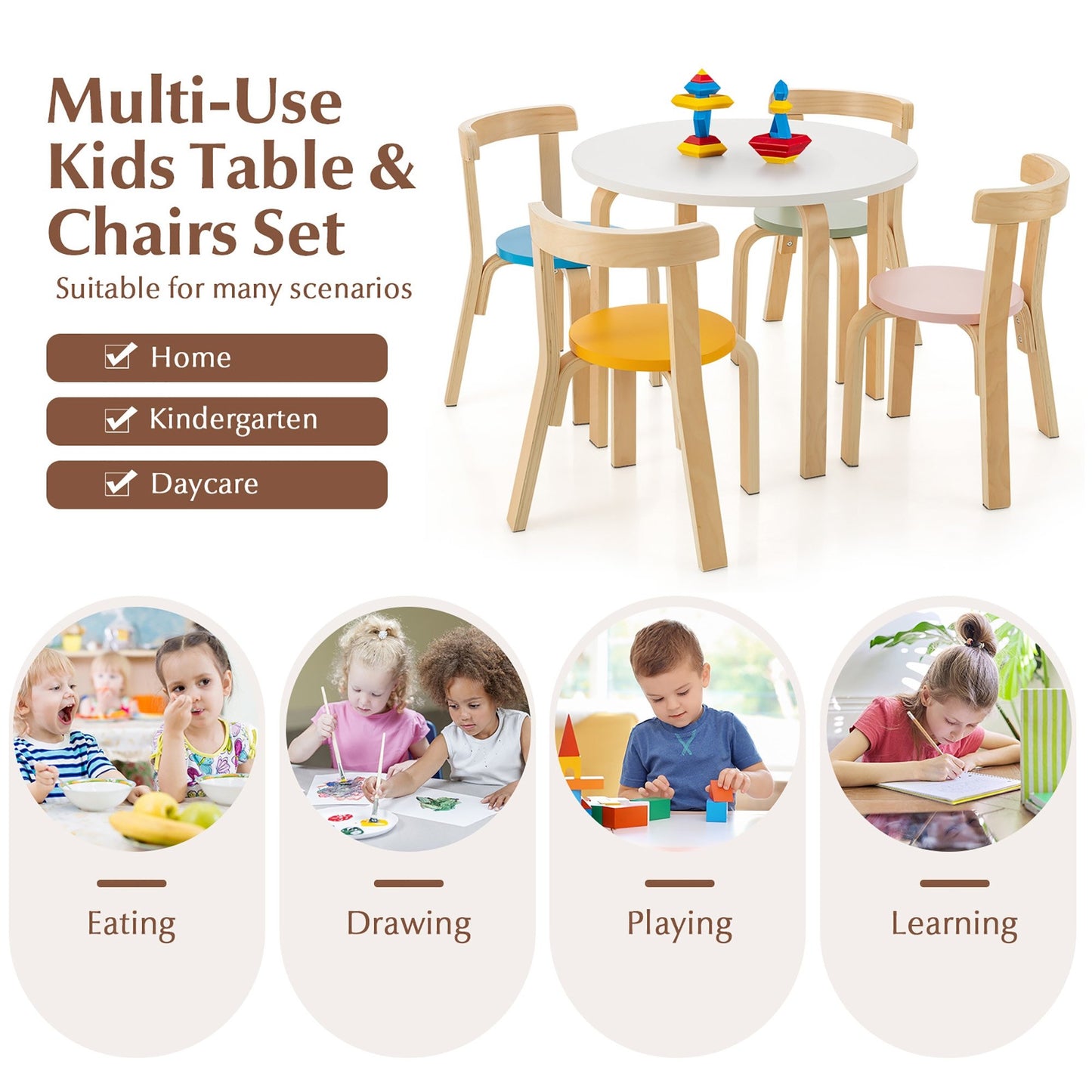 5-Piece Kids Wooden Curved Back Activity Table and Chair Set withToy Bricks, Multicolor