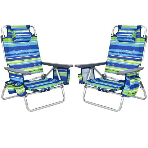 2-Pack Folding Backpack Beach Chair 5-Position Outdoor Reclining Chairs with Pillow, Blue
