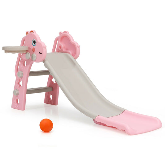 3-in-1 Kids Slide Baby Play Climber Slide Set with Basketball Hoop, Pink