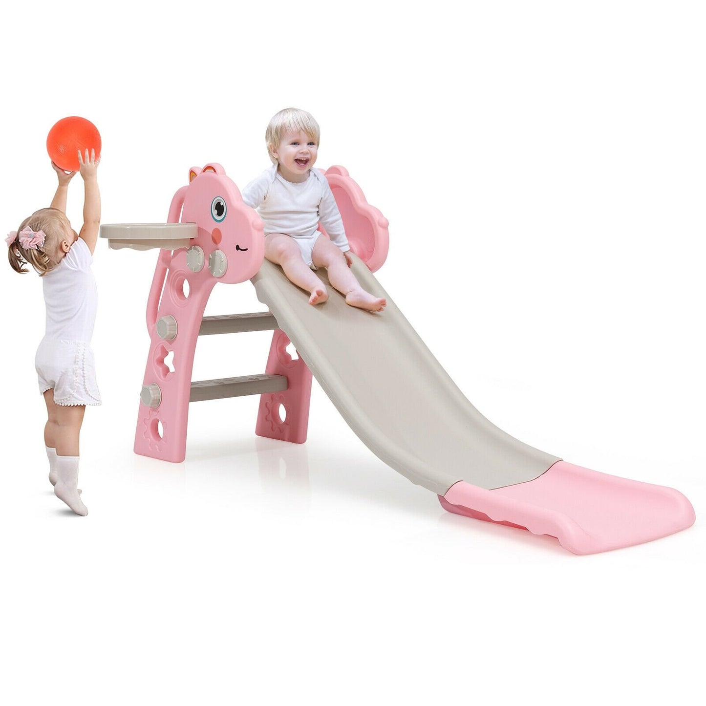 3-in-1 Kids Slide Baby Play Climber Slide Set with Basketball Hoop, Pink at Gallery Canada